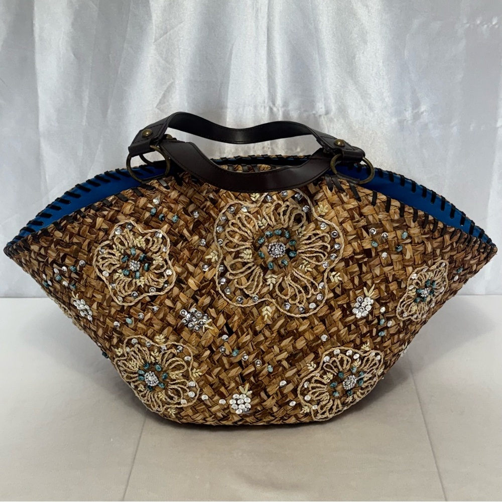 Nordstrom Floral Beadwork Natural Woven Straw Raffia Tote Beach Shoulder Bag